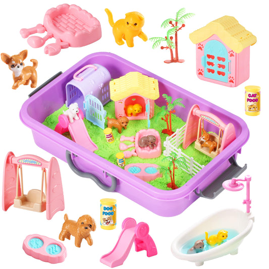Carolart pet sensory bin with dog figures promoting imaginative pet care play
