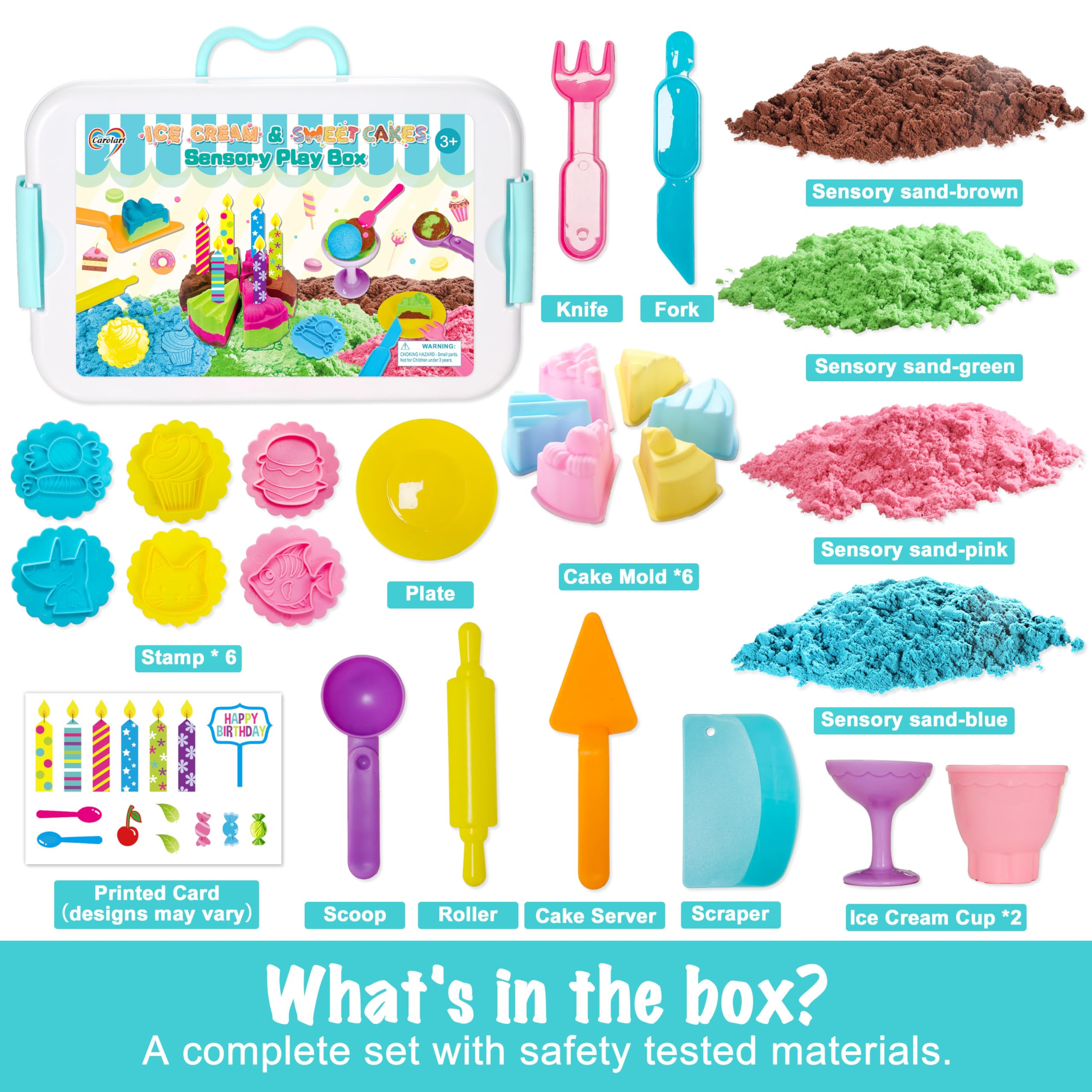 Carolart sensory bin with colorful sand in green, brown, blue, and pink enhances texture exploration.