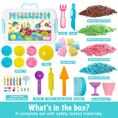Carolart sensory bin with colorful sand in green, brown, blue, and pink enhances texture exploration.