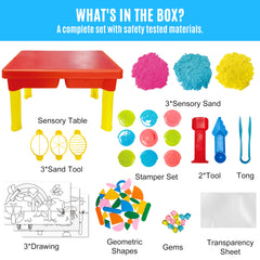 Carolart sensory table accessories spread include tools, molds, and gems for creative activities.