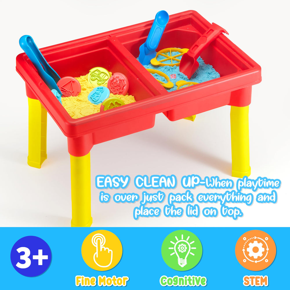 Close-up of puzzle blocks and sand tools from the Carolart set.
