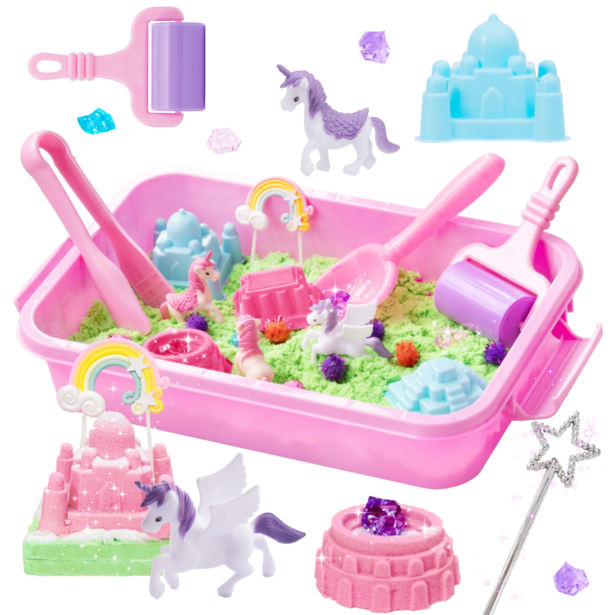 Carolart unicorn sensory bin cover opens to colorful grains for immersive play