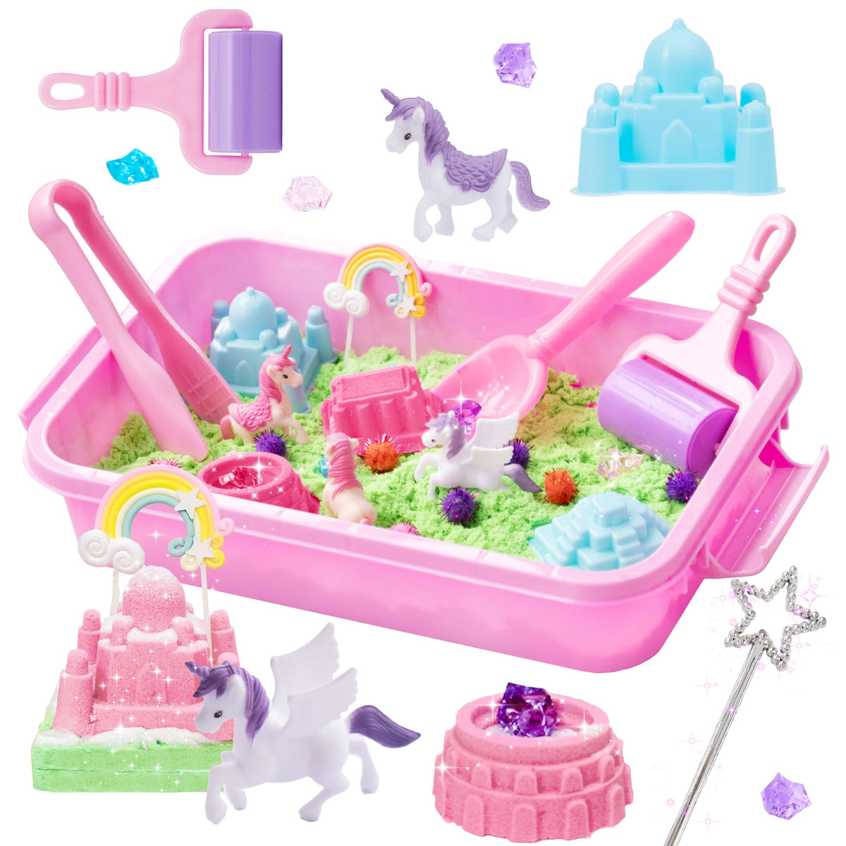Carolart unicorn sensory bin cover opens to colorful grains for immersive play