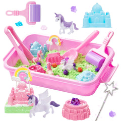 Carolart unicorn sensory bin cover opens to colorful grains for immersive play