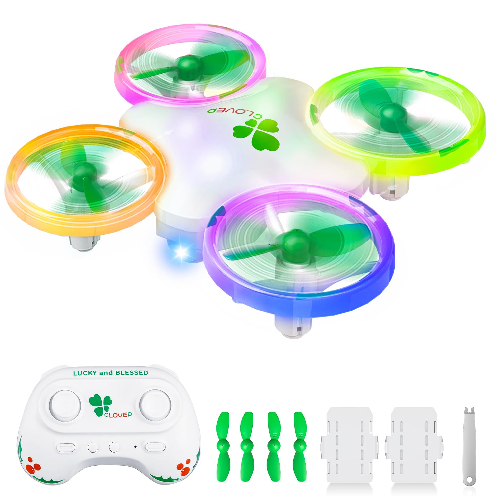 Carox Clover Drone Kids front view with colorful LEDs for indoor fun.