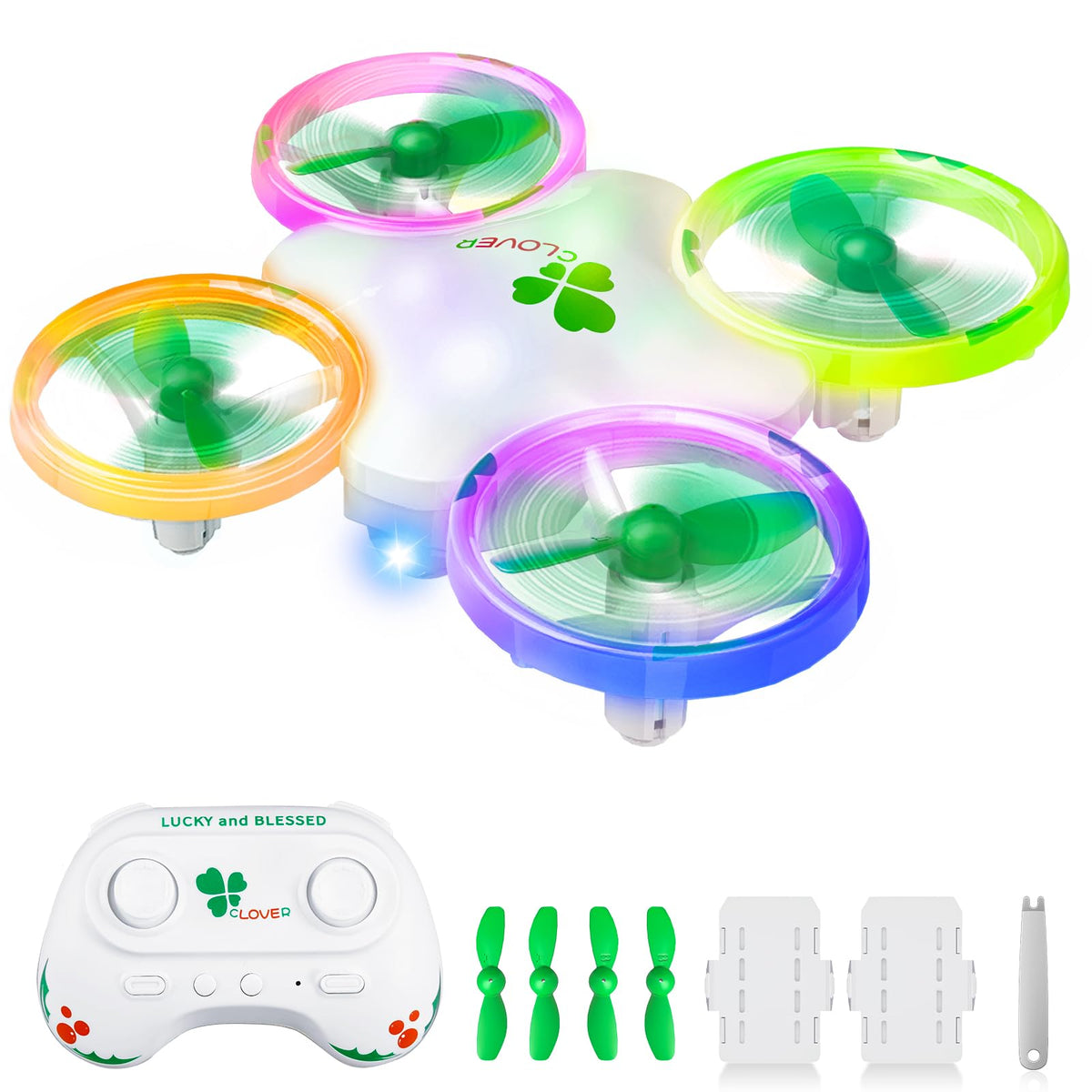 Carox Clover Drone Kids front view with colorful LEDs for indoor fun.