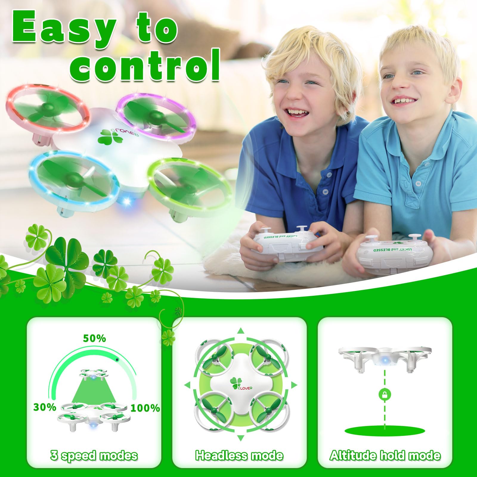 Carox Clover Drone Kids top view shows modular batteries for extended play.