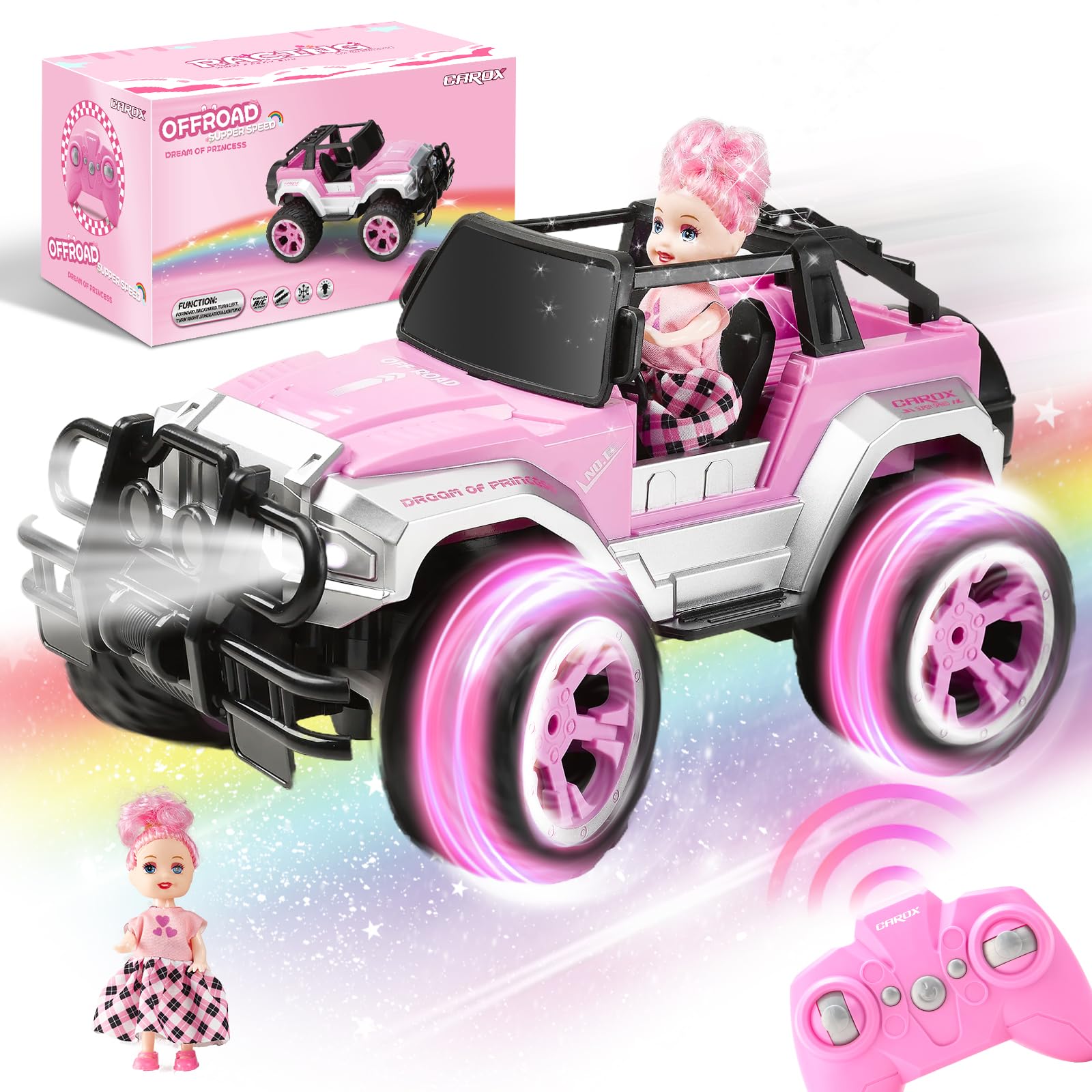Carox pink RC car with doll included for imaginative play.