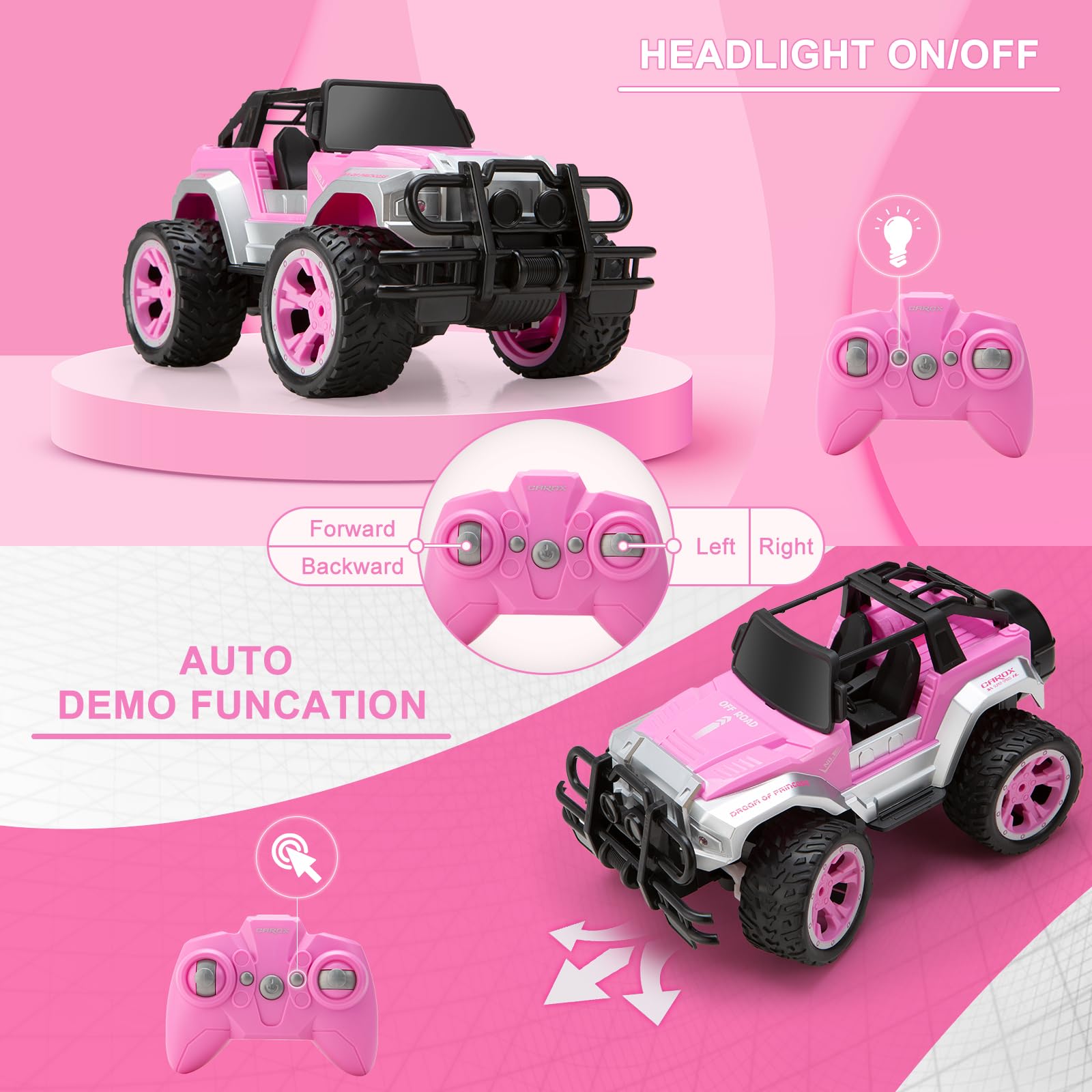 Carox pink RC car rear storage box for on-the-go toys.