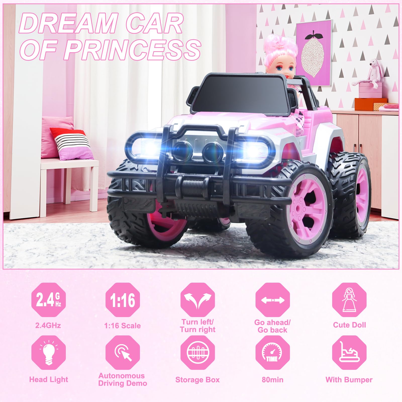 Carox pink RC car with stickers for personalization.