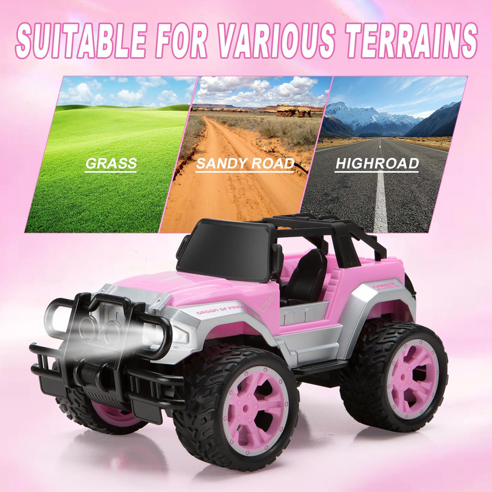 Carox pink RC car designed for ages 6-10 with simple controls.