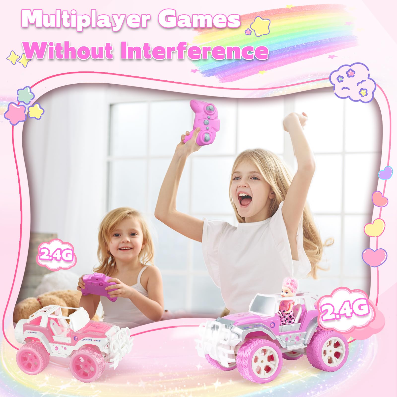 Carox Pink RC Jeep with Doll in demo mode showing easy navigation