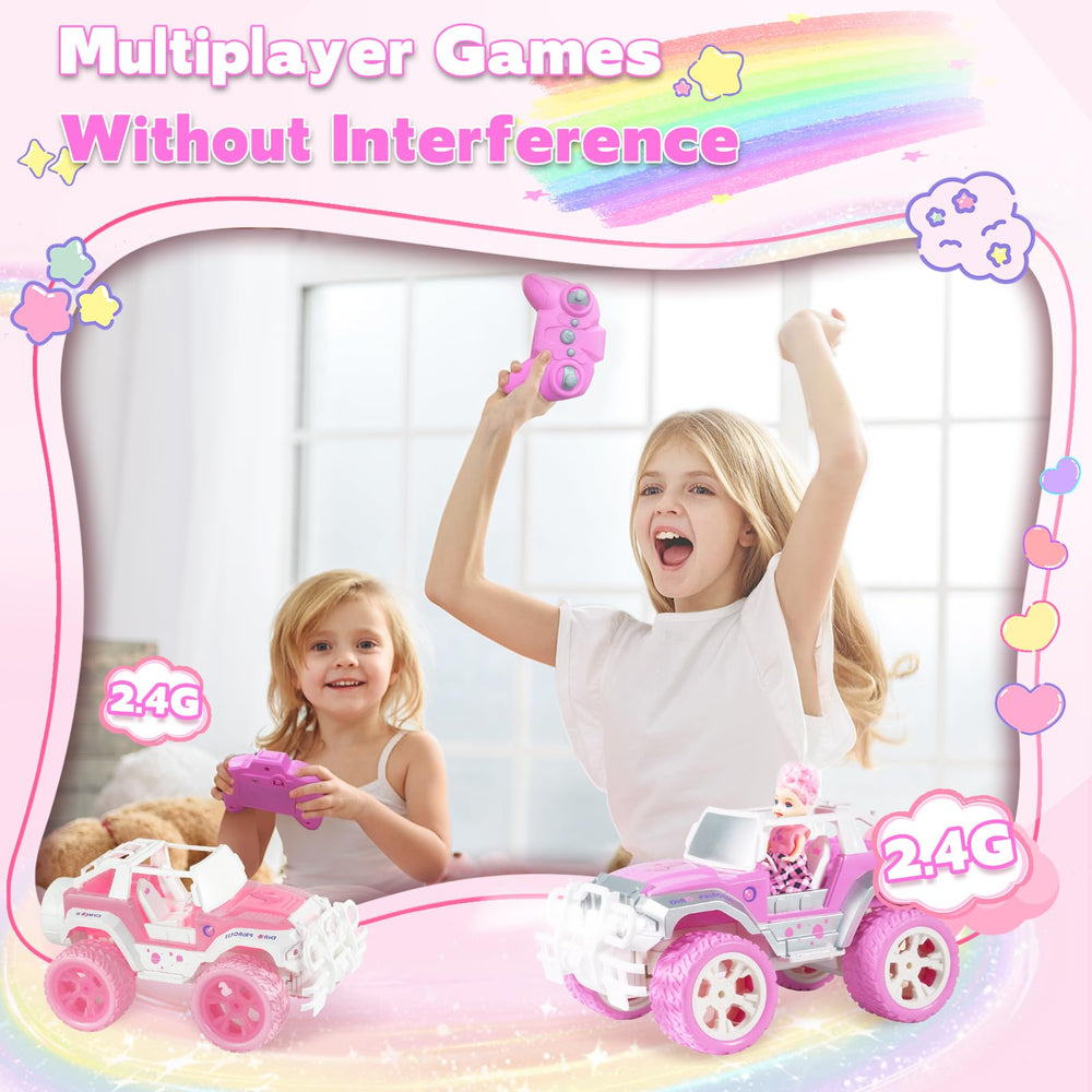 Carox Pink RC Jeep with Doll in demo mode showing easy navigation