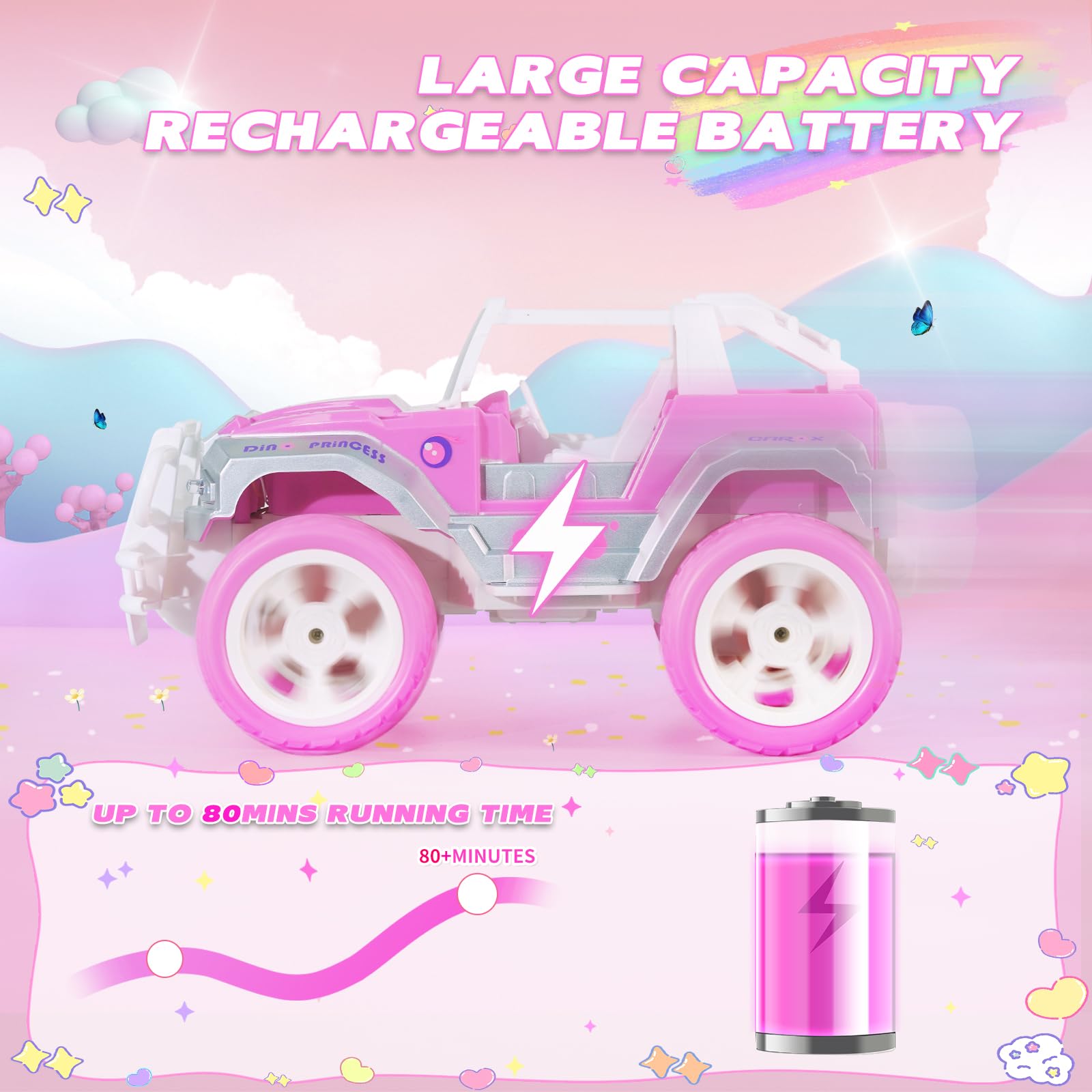 Carox Pink RC Jeep with Doll featuring a sturdy front bumper for outdoor use