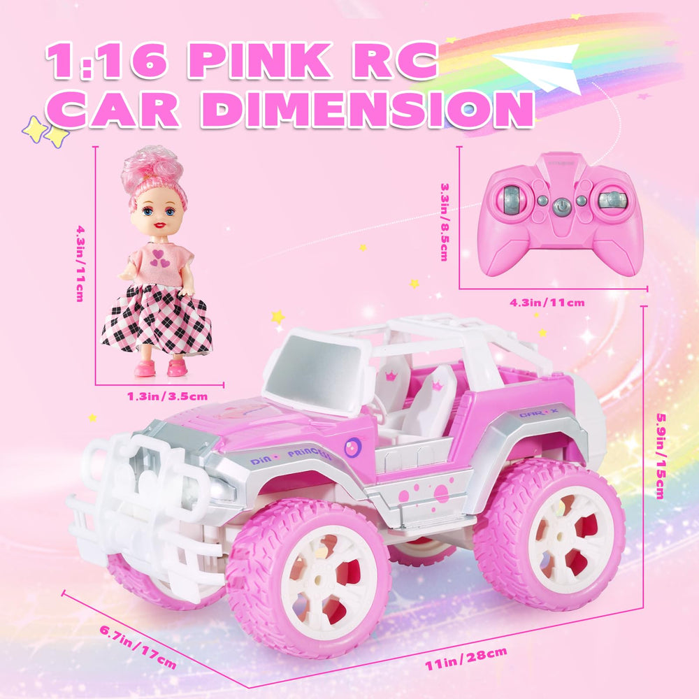 Carox Pink RC Jeep with Doll with bright LED headlights for nighttime play
