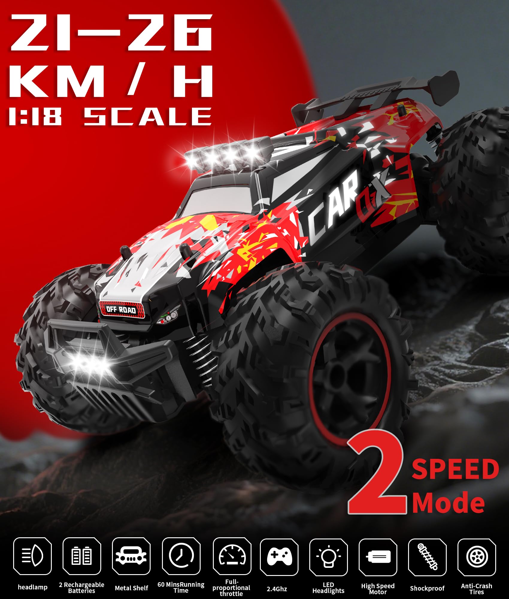 Carox RC car night drive shows LED glow and action.