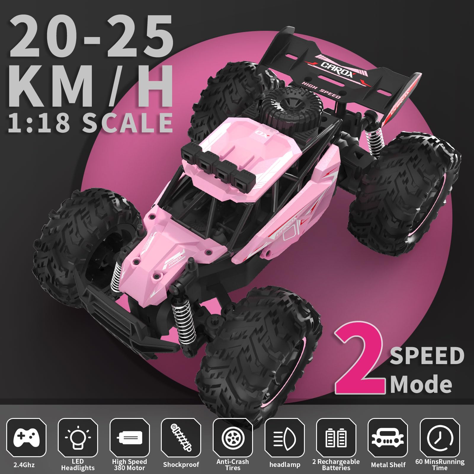 Carox RC car with LED roof lights for night play.