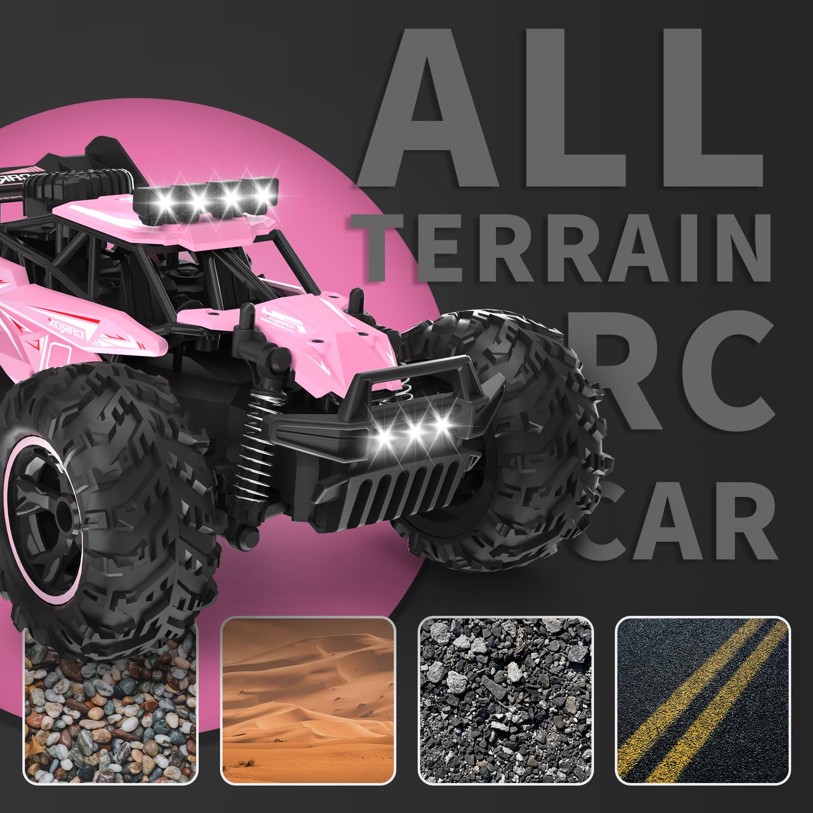 Carox RC car side view showing rugged tires for outdoor adventures.