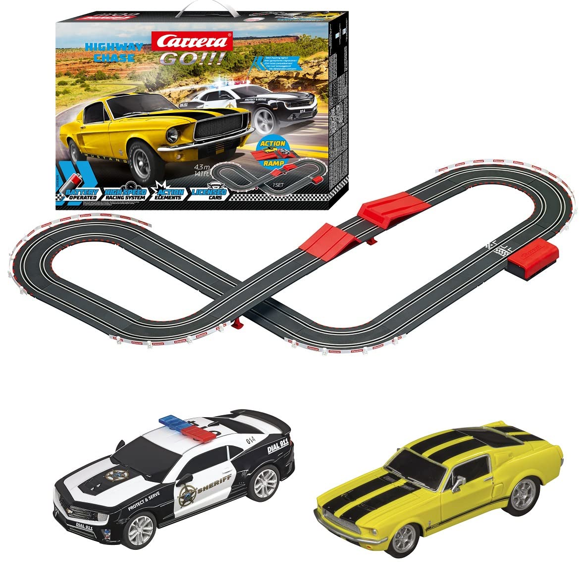 Carrera 63519 battery-powered 1:43 slot car on a long track for fast, realistic racing.