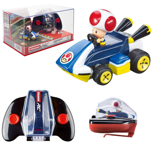 Carrera Toad Mario Kart mini RC car in clear display case for collectors.