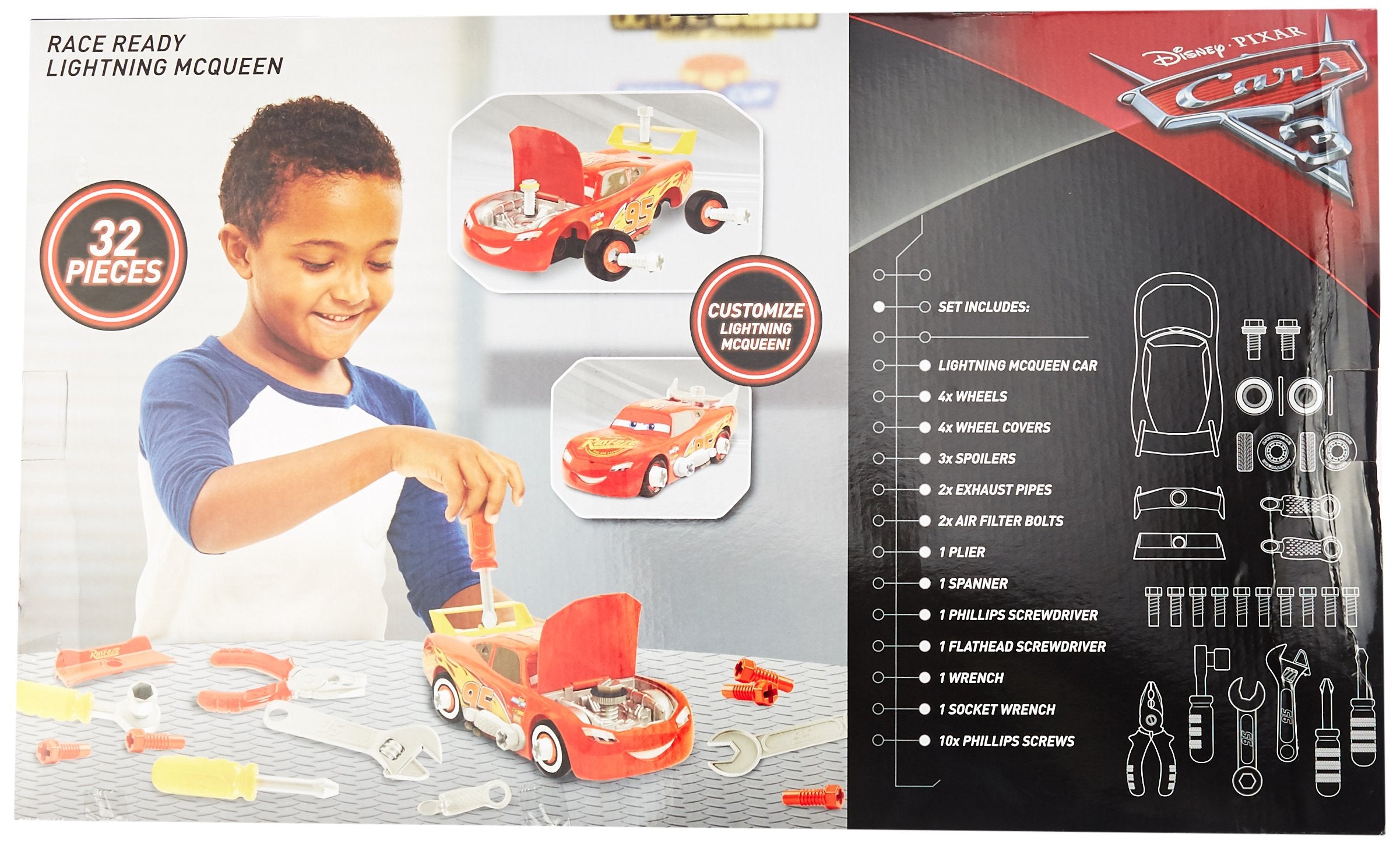 Cars 3 Transforming McQueen Tool Kit, tire tuning enhances grip and customization.