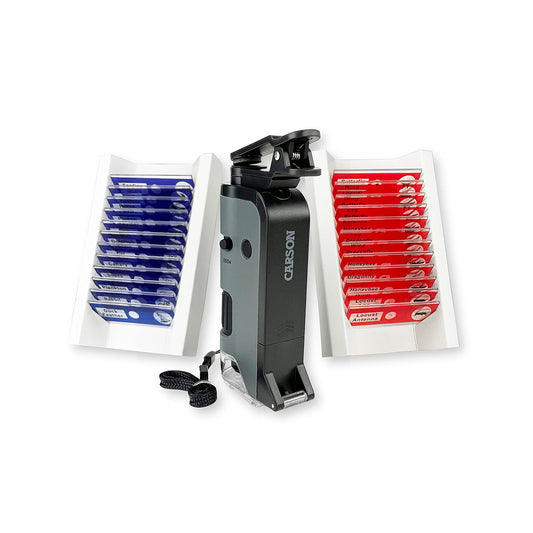 Carson MicroFlip flip-down slide base enables quick slide access.