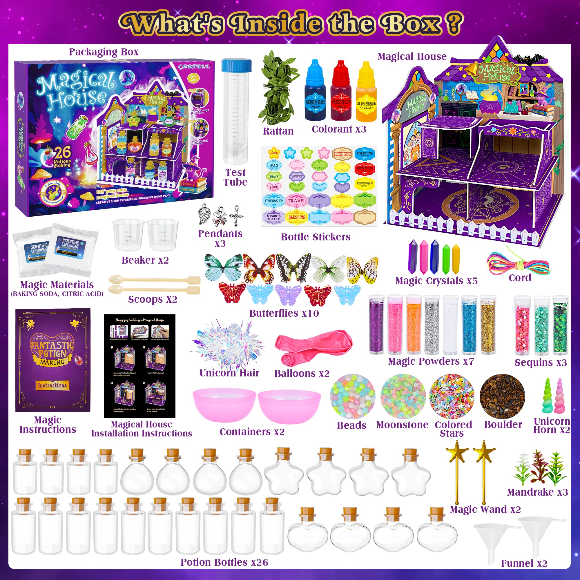 Cartell magical-house-display showcasing DIY potions in a sparkling pretend world.