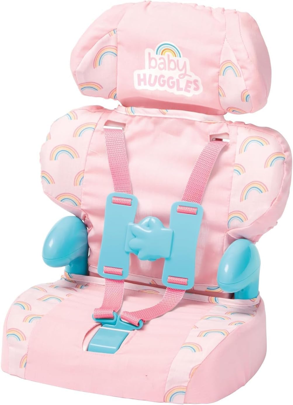 Casdon Baby Huggles pink booster seat for dolls with secure fit during playtime travel.