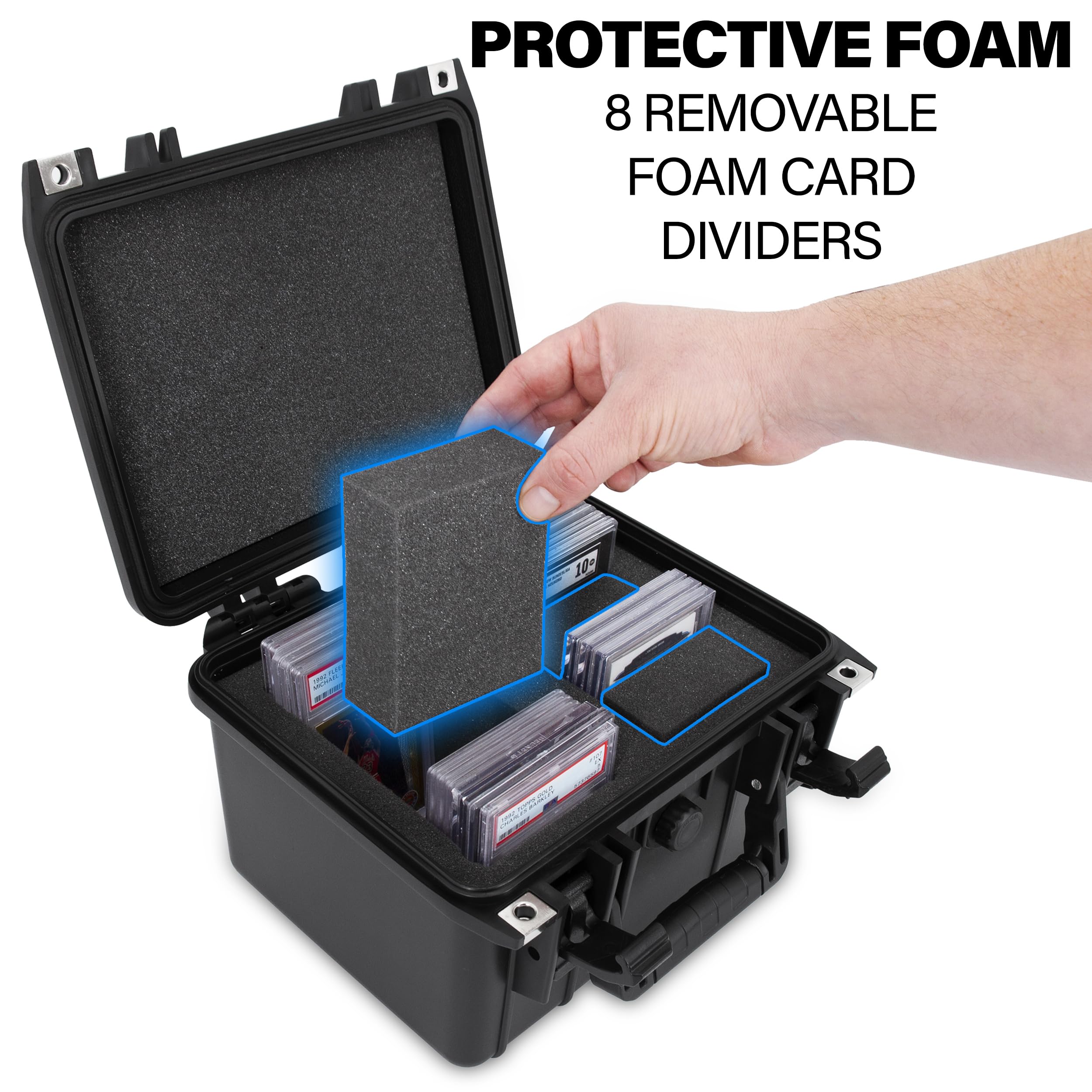 Casematix graded card case folding handle enables easy transport.