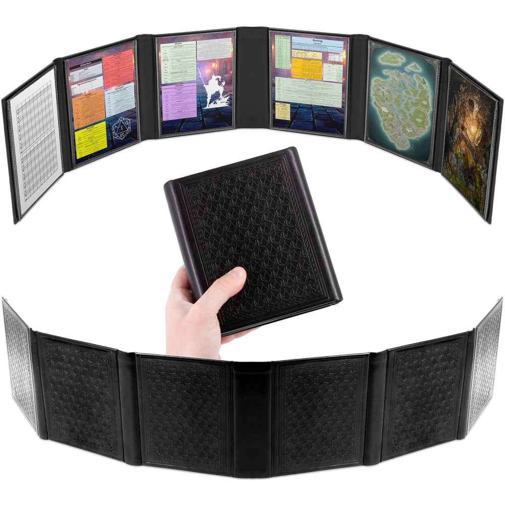 Casematix miniature DM screen with six panels in faux leather for organized, private sessions.