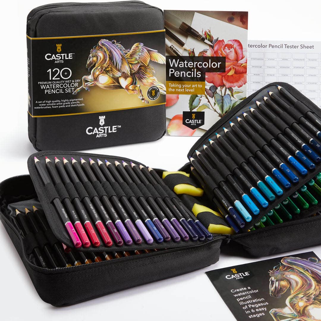 Castle Art Supplies 120 watercolor pencils set in case open for travel-ready color exploration.