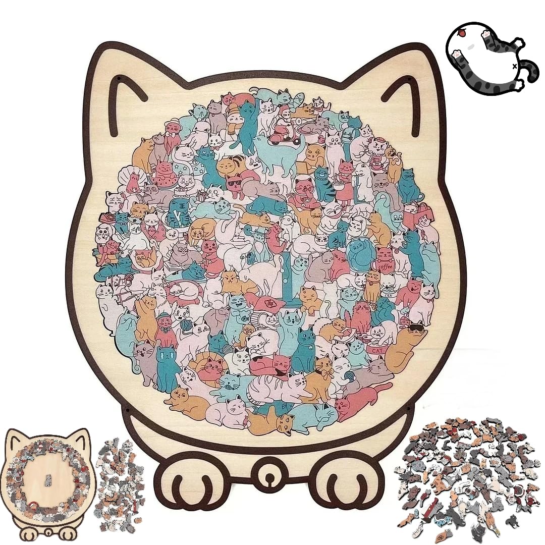Cat puzzle aerial view with cat-shaped pieces and calming Morandi colors.