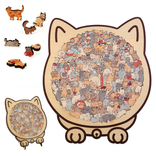 Cat-shaped 135-piece wooden puzzle with charming silhouettes for a delightful build