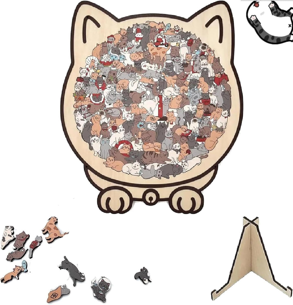 Cat-shaped wooden puzzle 135-piece box with vibrant pieces for creative play.