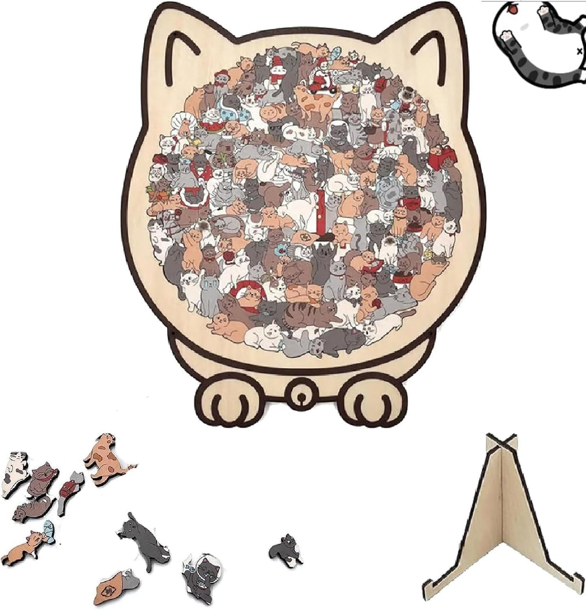 Cat-shaped wooden puzzle 135-piece box with vibrant pieces for creative play.