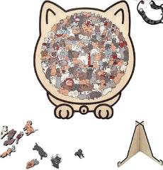 Cat-shaped wooden puzzle 135-piece box with vibrant pieces for creative play.