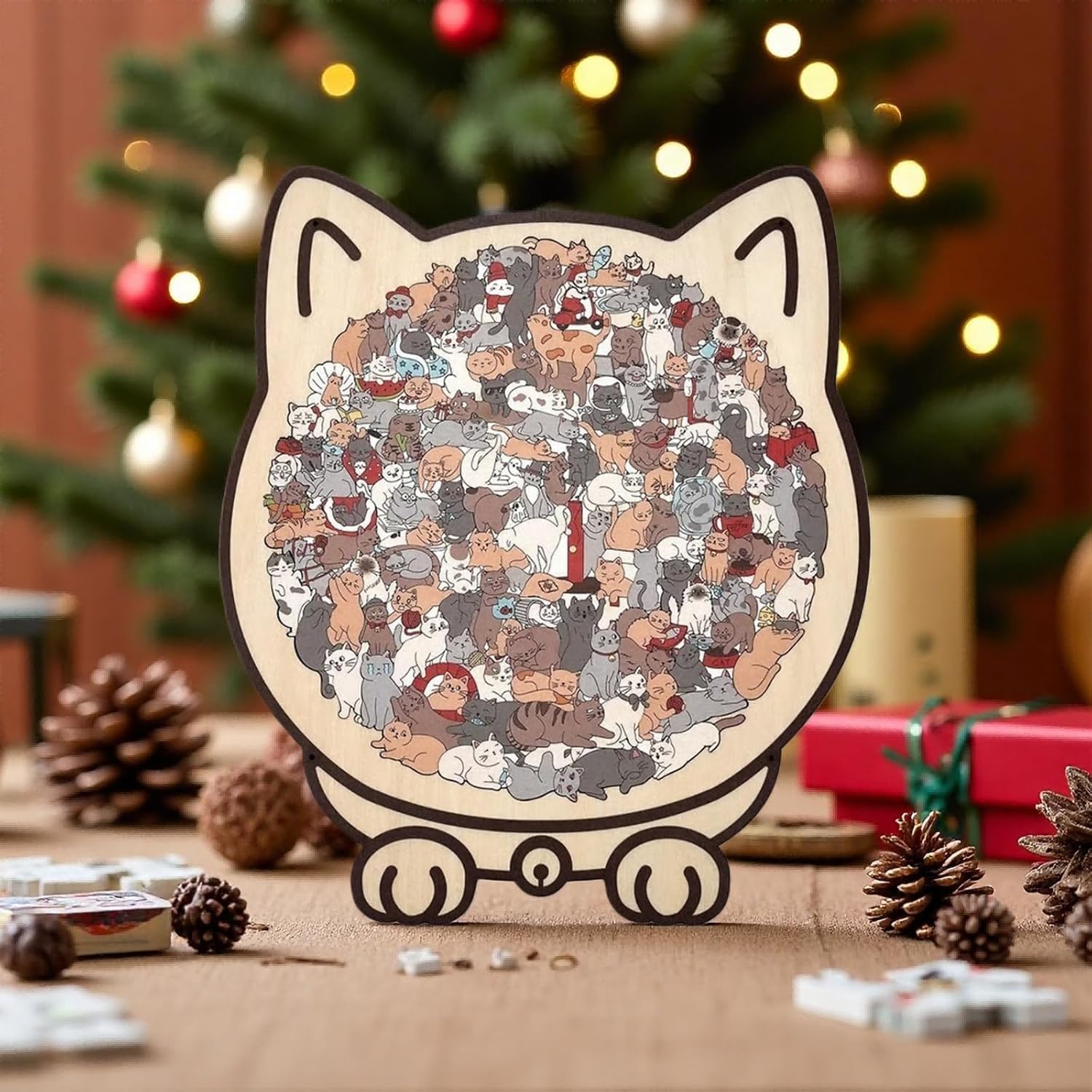 Cat-shaped wooden puzzle being assembled, showcasing focus and problem-solving.