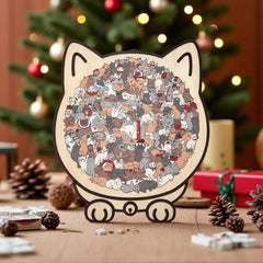 Cat-shaped wooden puzzle being assembled, showcasing focus and problem-solving.