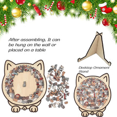 Close-up of colorful cat-shaped wooden puzzle pieces for color and shape recognition.