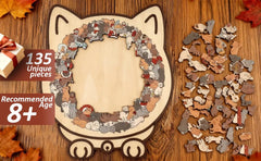 Family playing with cat-shaped wooden puzzle, a collaborative learning activity.