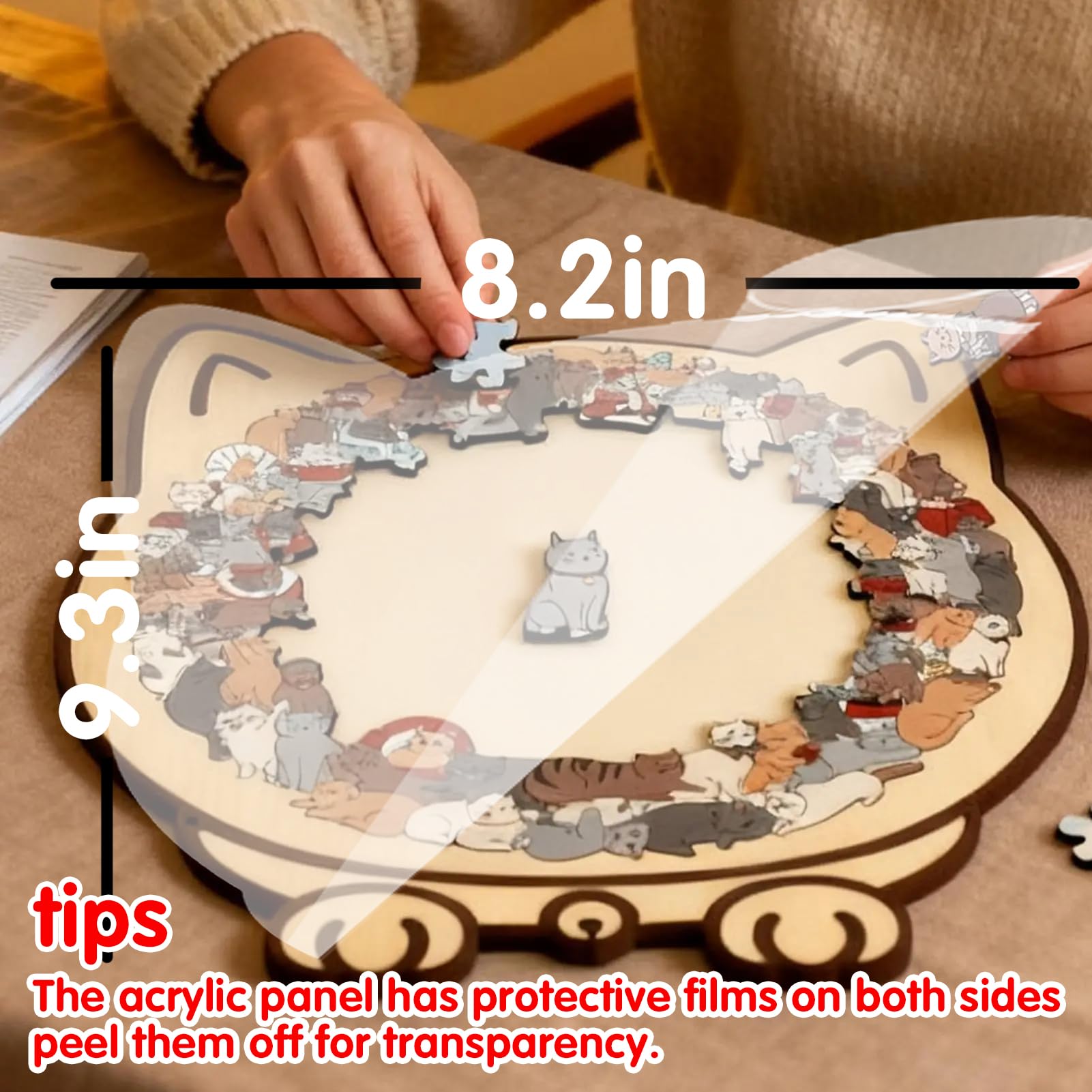 Storage box included with cat-shaped wooden puzzle for easy cleanup.