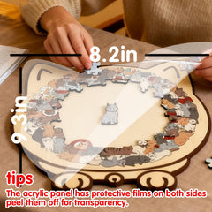 Storage box included with cat-shaped wooden puzzle for easy cleanup.