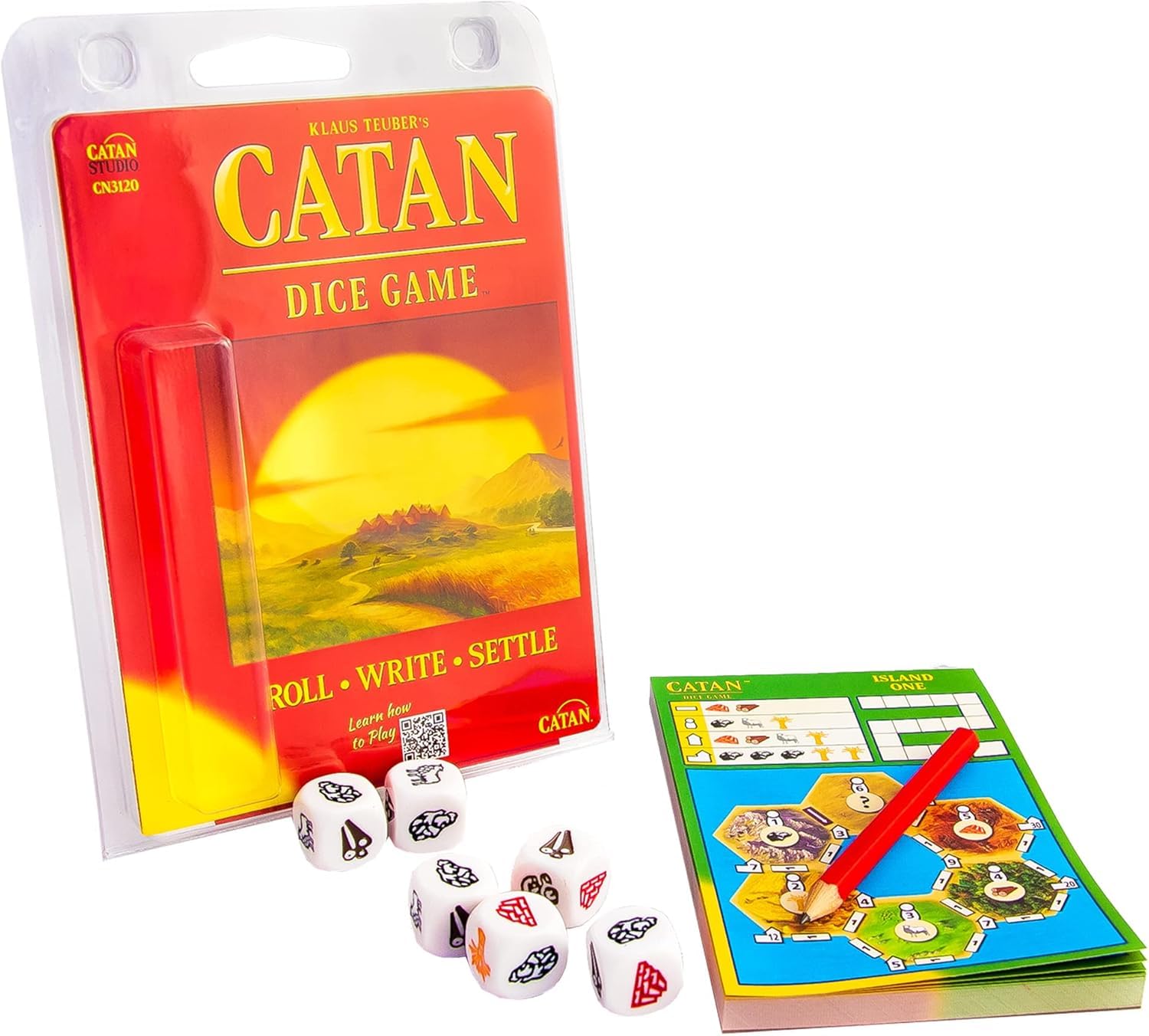 CATAN Dice Game on table with compact travel-ready setup.
