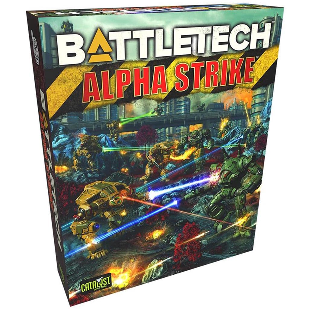 Catalyst BattleTech Alpha Strike box set displayed, ideal for quick-start sci-fi battles.