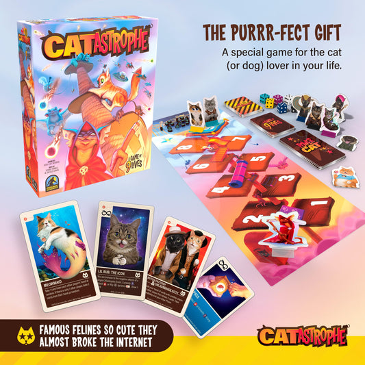 CATastrophe card artwork close-up showcasing vibrant feline illustrations.