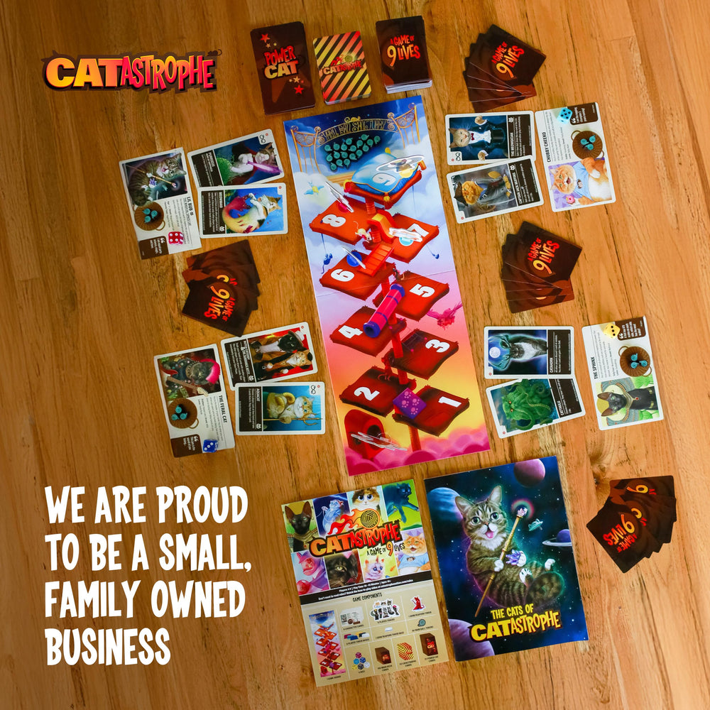 CATastrophe dice and components arranged for fast, easy gameplay.