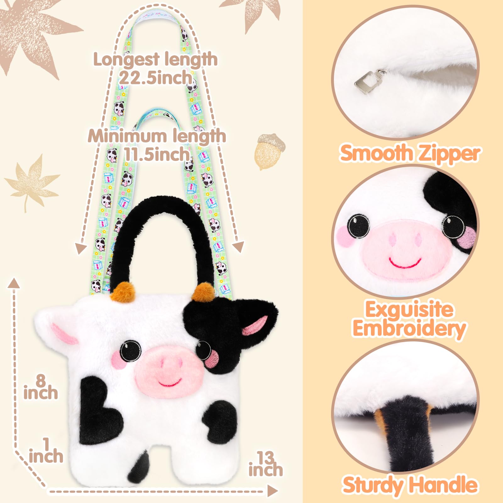 CatchCute cow plush bag open zipper for quick access to essentials