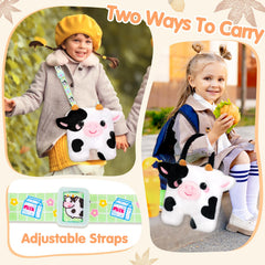 CatchCute cow plush bag side view with adjustable strap for comfy wear