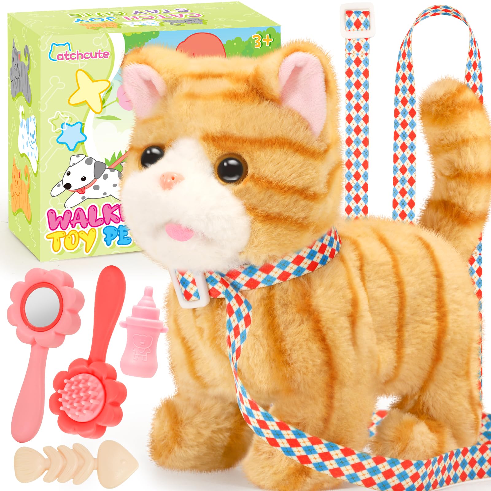 CatchCute plush cat with leash for outdoor imaginative play.