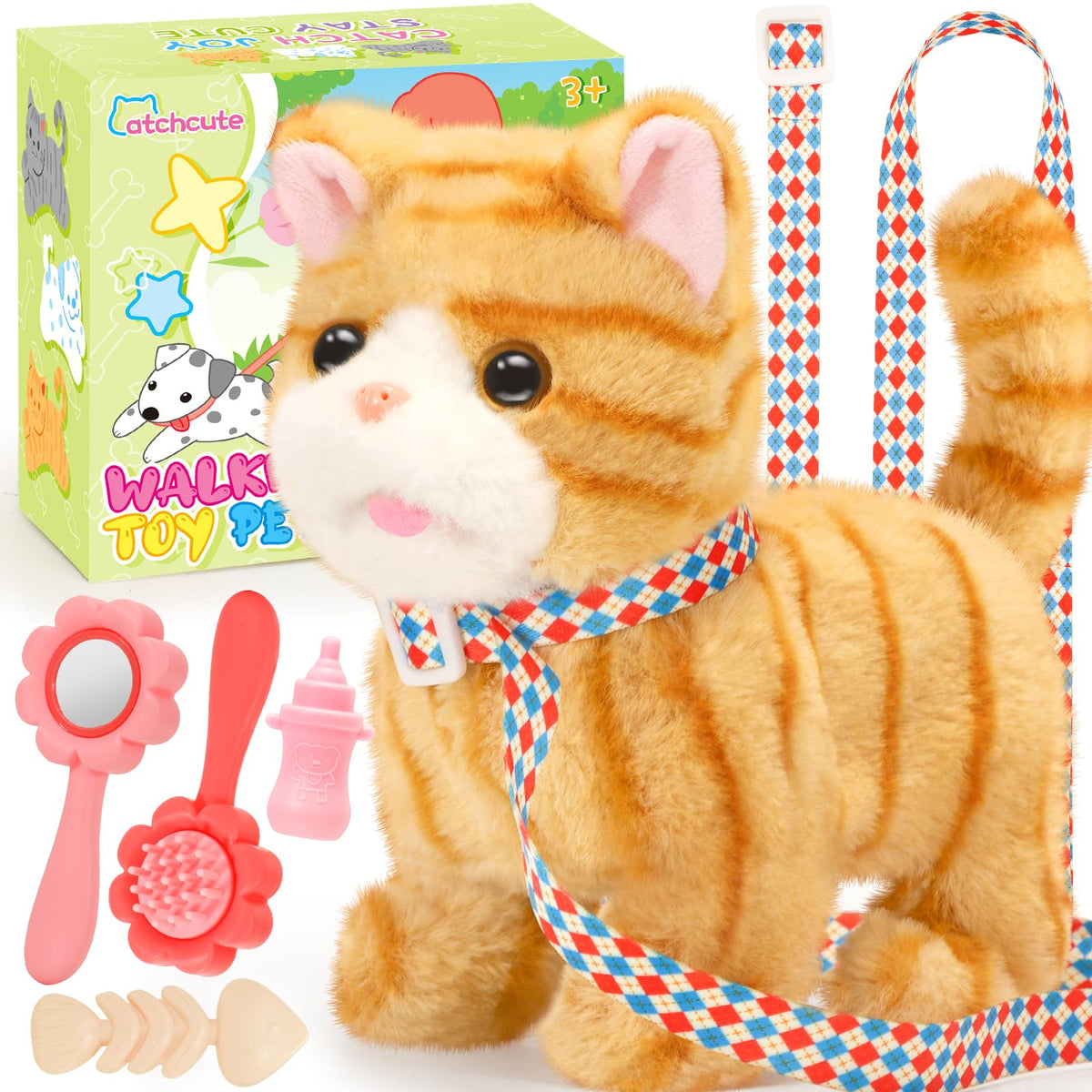 CatchCute plush cat with leash for outdoor imaginative play.